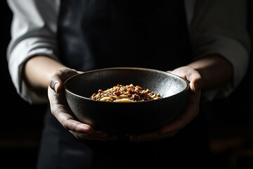 A chef holding up an elegant bowl of pasta with meat sauce, dark background, focus on the dish and hands, minimalistic style, professional photography, natural lighting, high-resolution digital