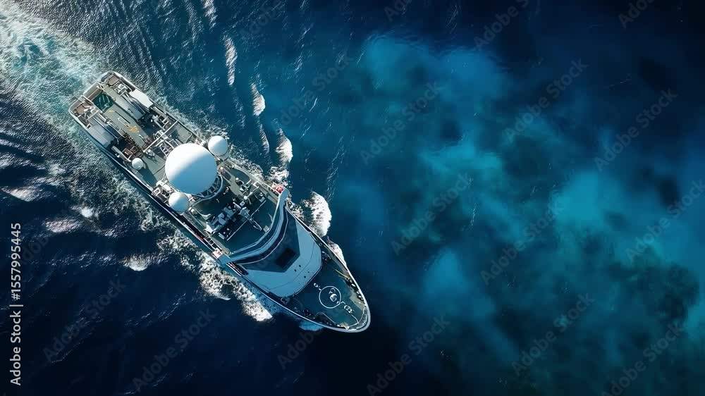 Poster an aerial view of a ship showcasing a large vsat dome surrounded by deep azure waters with the sunli