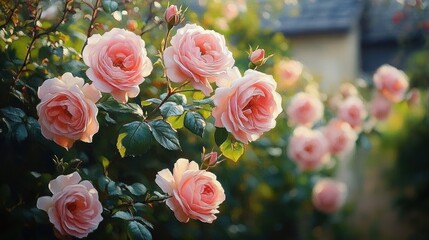 Fototapeta premium Cluster of soft pink roses blooming on green leafy stems in a sunlit garden with blurred background and warm natural light