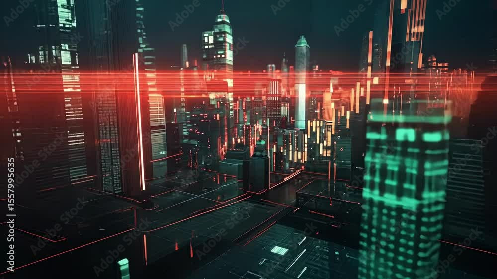 Poster flowing digital data streams illuminate a futuristic cityscape with vibrant red and teal hues, creat