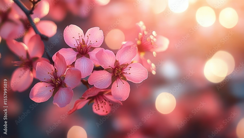Poster close-up of delicate pink flowers blooming on a branch with soft warm sunlight and blurred bokeh bac