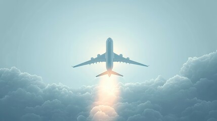 Fototapeta premium Airplane ascending above thick clouds with bright light shining behind and warm glowing trail beneath the aircraft in a clear sky