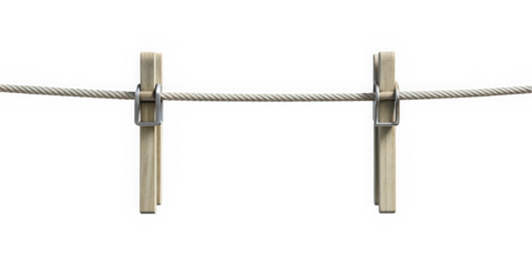 Two wooden clothespins securely holding fabric on a metal wire clothesline, showcasing a minimalist design with a clean, simple aesthetic.