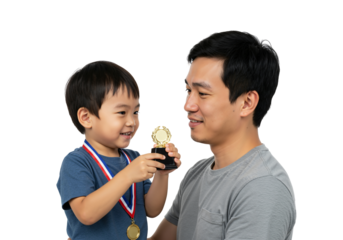 Celebrating Achievement: Proud Father with Young Son Holding Trophy and Medal