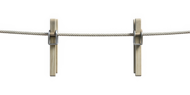 Two wooden clothespins securely holding fabric on a metal wire clothesline, showcasing a minimalist design with a clean, simple aesthetic.