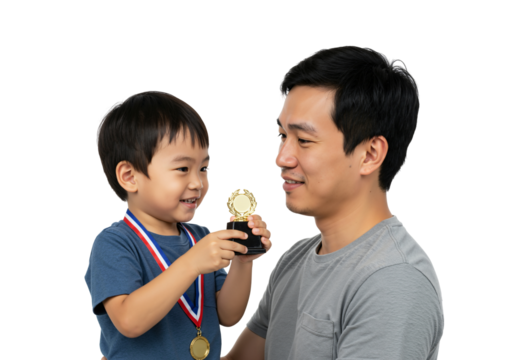 Celebrating Achievement: Proud Father with Young Son Holding Trophy and Medal