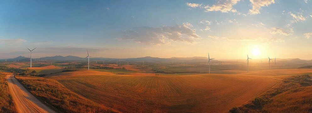 Panoramic view of rolling farmland with wind turbines scattered across fields under a partly cloudy sky during sunset