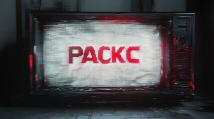Old television screen displaying distorted red text on a static white background in a dark, glitchy, and eerie atmosphere