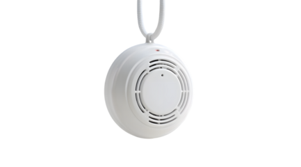 A white smoke detector hangs against a transparent background, offering home safety and fire prevention for residential buildings, silhouette