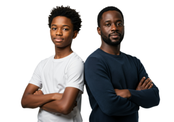 Portrait of Young African American Male and Adult Man Standing Back to Back, Showcasing Family Connection and Strength