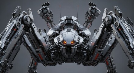 Highly Detailed Mechanical Spider Robot with Glowing Orange Eyes and Multiple Articulated Limbs