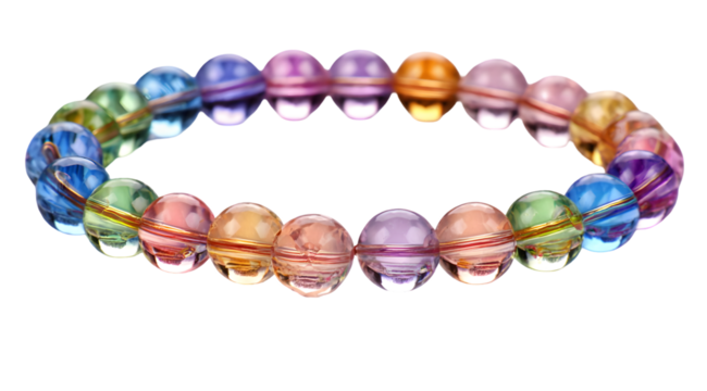 Colorful beaded bracelet made of round transparent glass beads in rainbow hues, handmade fashion accessory for women or kids, vibrant jewelry isolated on white background