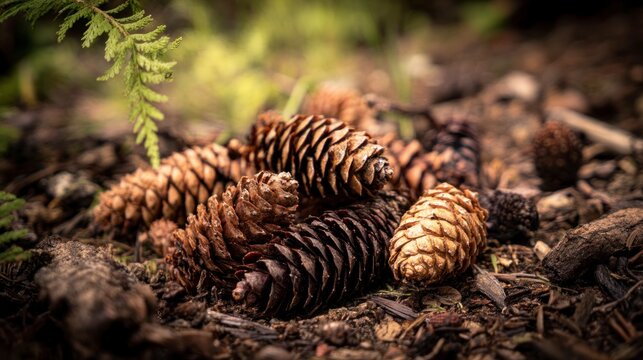 Pine cones clustered on forest floor