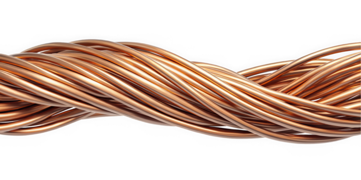 A detailed close-up of intertwined copper wires, showcasing their smooth, metallic surface and rich orange-brown color. Ideal for industrial or technology themes.