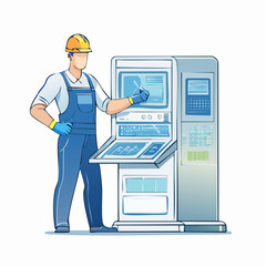 Industrial worker wearing protective gloves and helmet, managing a high-tech machine in a factory, Engineer working with heavy machinery on the factory floor, surrounded by gears, mechanical parts