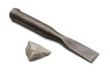 Stone chisel for carving and a piece of rock on a transparent background, perfect for archaeology and history projects