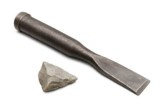 Stone chisel for carving and a piece of rock on a transparent background, perfect for archaeology and history projects