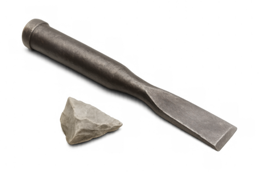 Stone chisel for carving and a piece of rock on a transparent background, perfect for archaeology and history projects