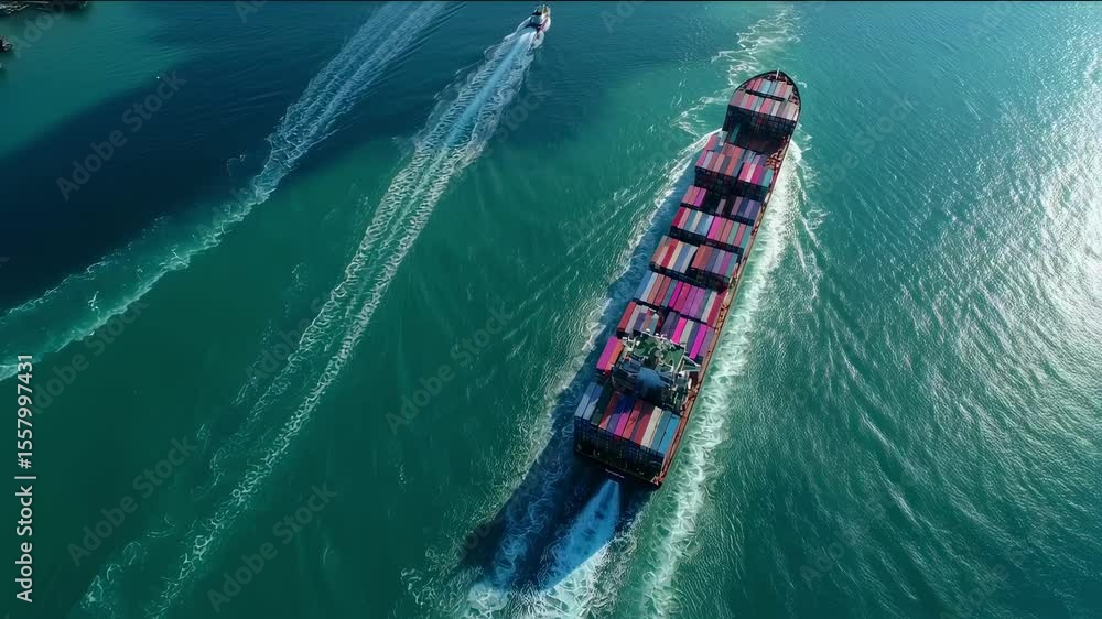 Poster an aerial perspective of the empty container vessel navigating through a narrow channel highlighting