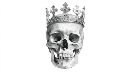 A skull wearing a crown, stark white background