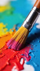 Fototapeta premium Vibrant Oil Paint on Paintbrush, Ready for Artistic Expression. Close-up studio shot showcasing rich, saturated colors ideal for creative projects and design backgrounds.