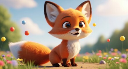 Adorable cartoon fox in a colorful meadow with floating balloons