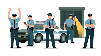 Five Police Officers with Raised Hands and Investigating with Flashlight near Police Car Illustration