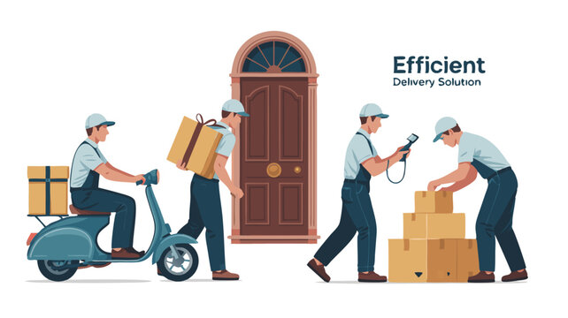 Efficient Delivery Men Delivering Boxes by Scooter, Scanning Packages, and Stacking Orders Near Door