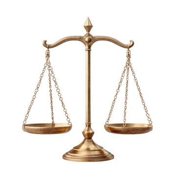 Brass balance scale with chains and trays hanging, symbolizing justice, law, and equality, isolated on transparent background