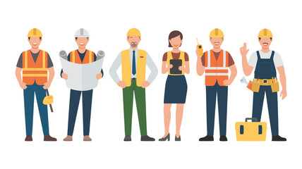 Fototapeta premium Group of Diverse Construction Workers and Engineers Wearing Hard Hats and Safety Vests Illustration