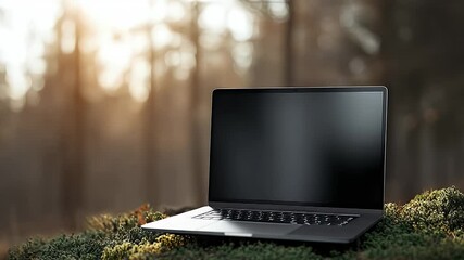 A sleek laptop sits on lush green moss in a serene forest, illuminated by soft, golden sunlight