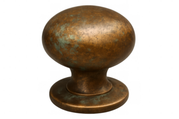 Bronze vintage doorknob displaying aging patina and oxidation marks against transparent backdrop