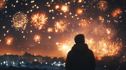 Silhouette figure gazes at vibrant fireworks display over city
