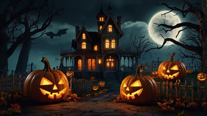 Spooky Halloween Night Background with Evil Pumpkins and Haunted House