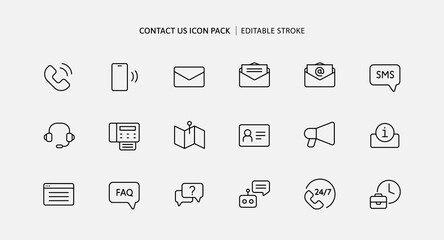 Contact us icon set for customer service and call center. Communication support by email, mobile phone, sms marketing, chat message and FAQ information on website in 24 hours.