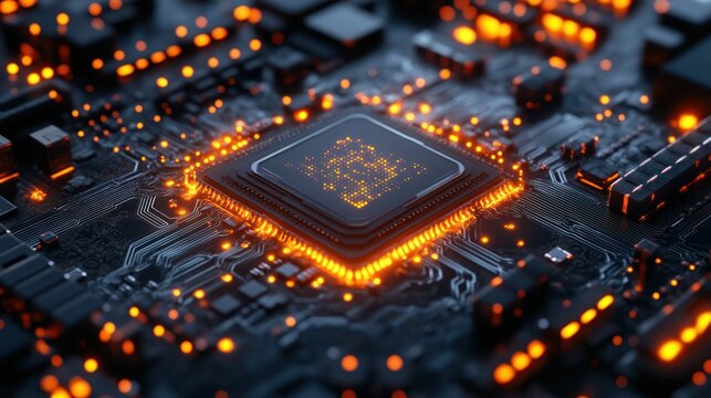 CPU on circuit board, glowing, close-up.  Possible use Technology background
