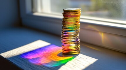 Stack of Coins with Colorful Reflection on a Sunny Windowsill