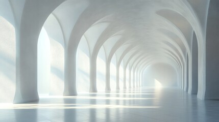 Empty, arched hallway, bright, minimalist, modern architecture, interior design, ideal for advertising