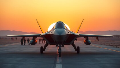 Fototapeta premium Fighter jet sits poised on a runway as a warm sunset blazes in the backdrop with silhouettes of people in a strong, vivid composition.