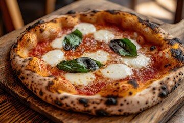Freshly Baked Italian Pizza with Mozzarella and Basil on Wood Board