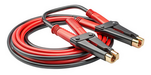 A close-up of a pair of red and black jumper cables, featuring gold-plated clips for improved connection, against a clean background.