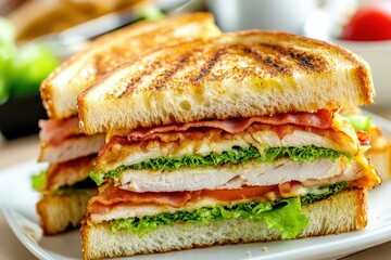 Delicious Grilled Sandwich with Turkey, Bacon, and Fresh Vegetables