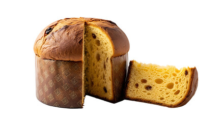 A sliced Panettone Italian cake, ready to be served. 