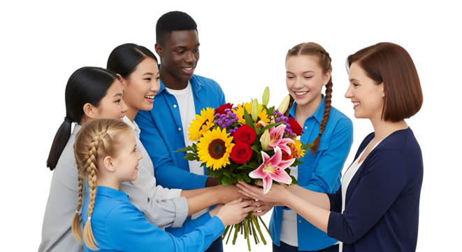 Group of people sharing beautiful flowers. 
