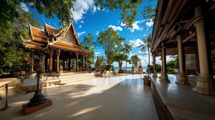 Naklejka premium Serene temple architecture coastal thailand photography tropical environment panoramic view cultural landscape