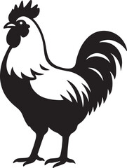 Rooster silhouette simple black and white, Farm animal crowing pose illustration