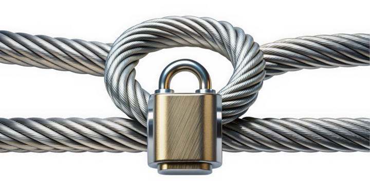 A close-up of a golden padlock secured around interwoven steel cables, symbolizing strength and security in a modern design.