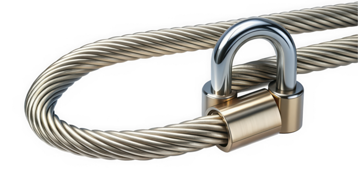 A close-up view of a shiny brass padlock securely fastened to a thick steel cable, symbolizing safety and security in a modern context.