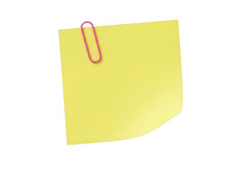 A yellow sticky note with a pink paperclip, isolated on transparent background
