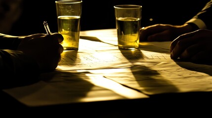 Hands with Glasses of Beer Collaborating Over Blueprints at Night